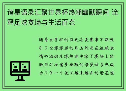 谐星语录汇聚世界杯热潮幽默瞬间 诠释足球赛场与生活百态